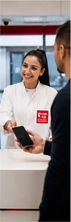 MobileFix technician handing a repaired phone to a customer