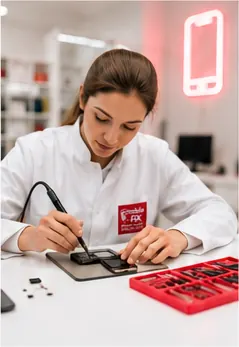 Technician repairing a phone at the MobileFix workbench