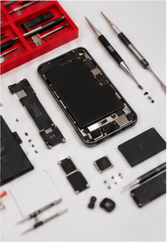 Phone parts and precision repair tools on a workbench