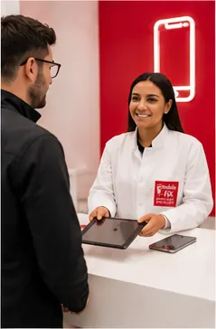 MobileFix technician speaking with a customer at the counter