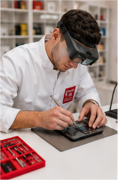 Technician performing precision phone repair with magnification glasses