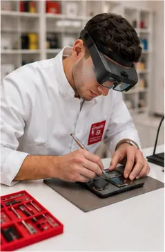 Technician performing precision phone repair with magnification glasses